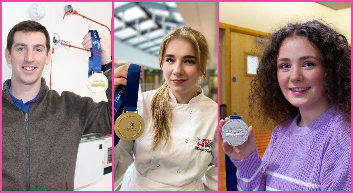 A male and two females holding gold and silver medals.